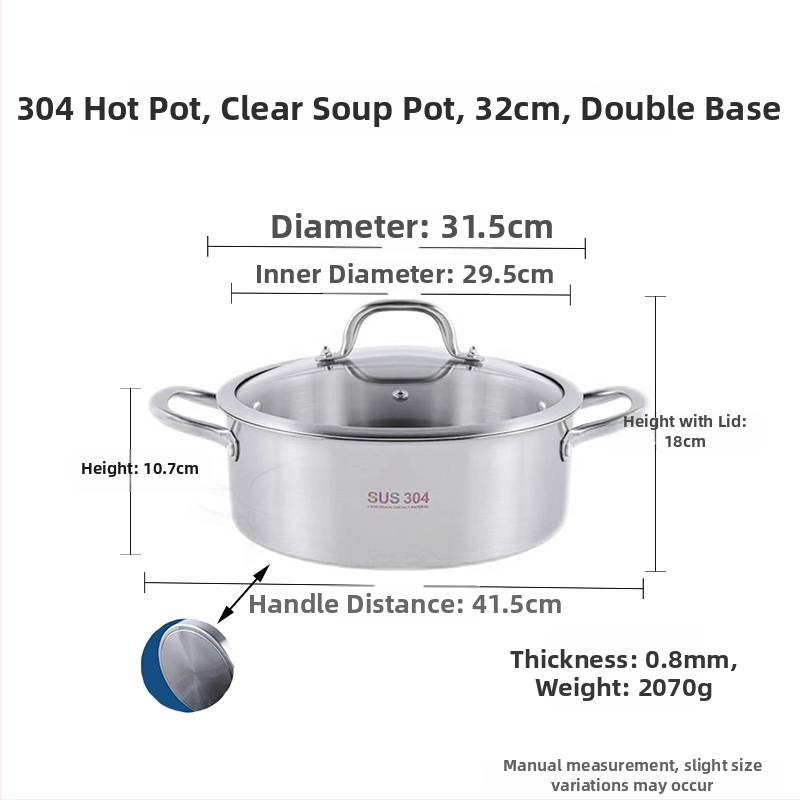 Hot pot z nehrdzavejúcej ocele 304, hrubý hrniec s Yin‑Yang dizajnom a dvojitým dnom, sklenené viečko, komerčné použitie