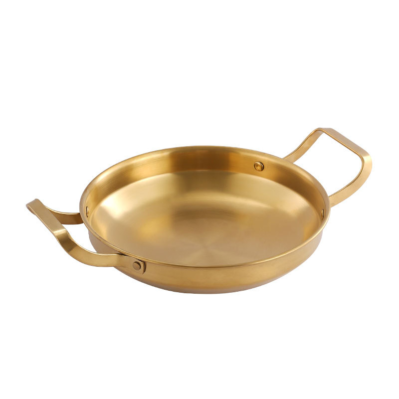 Kórejský štýl nerezový suchý hrniec na morské plody a hot pot, zlaté ploché dno, plochý hrniec s dvojitou rukoväťou, indukčne kompatibilný