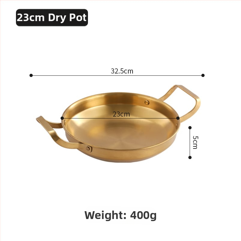 Kórejský štýl nerezový suchý hrniec na morské plody a hot pot, zlaté ploché dno, plochý hrniec s dvojitou rukoväťou, indukčne kompatibilný
