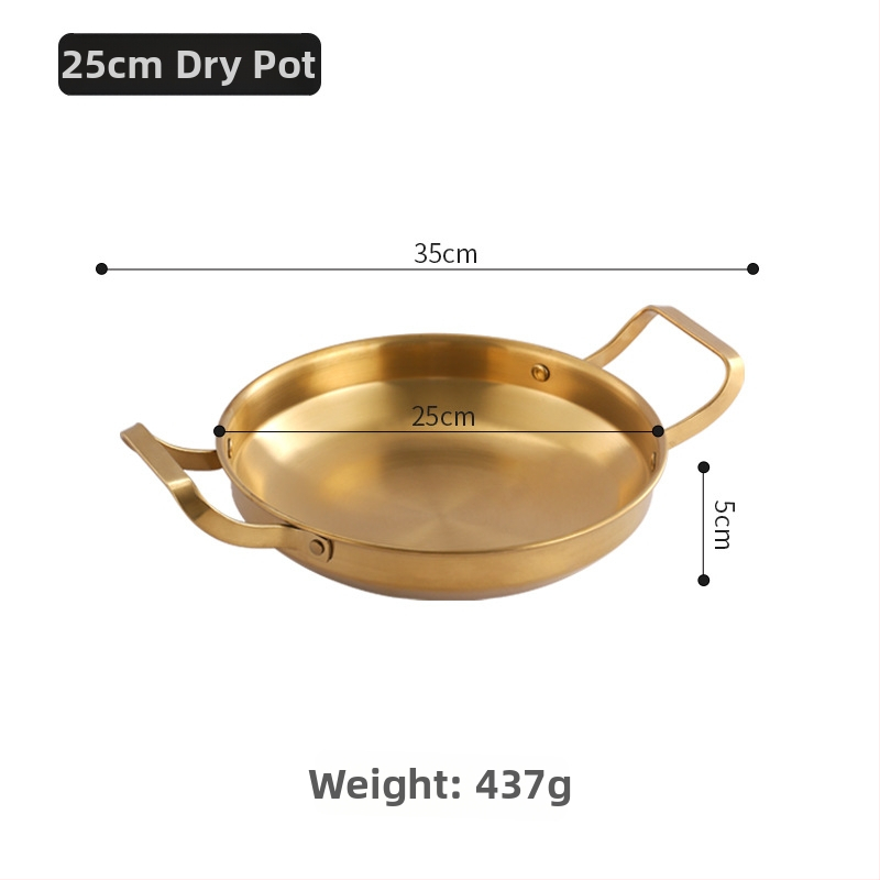 Kórejský štýl nerezový suchý hrniec na morské plody a hot pot, zlaté ploché dno, plochý hrniec s dvojitou rukoväťou, indukčne kompatibilný