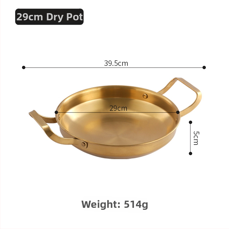 Kórejský štýl nerezový suchý hrniec na morské plody a hot pot, zlaté ploché dno, plochý hrniec s dvojitou rukoväťou, indukčne kompatibilný