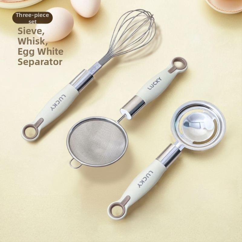 Nerezový oddeľovač bielkov s bielou rukoväťou a sitom na múku – kuchynský nástroj na pečenie