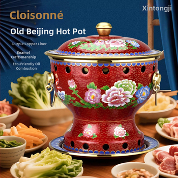 Cloisonné medený hrniec pre jednu osobu s smaltovaným povrchom, hrubé meďové telo, na alkoholový varič, domáce použitie