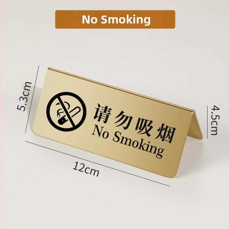 Nerezová oceľová tabuľka rezervovaného sedenia so zlatým vzhľadom, tabuľka čísla stola a dvojjazyčný znak No Smoking.
