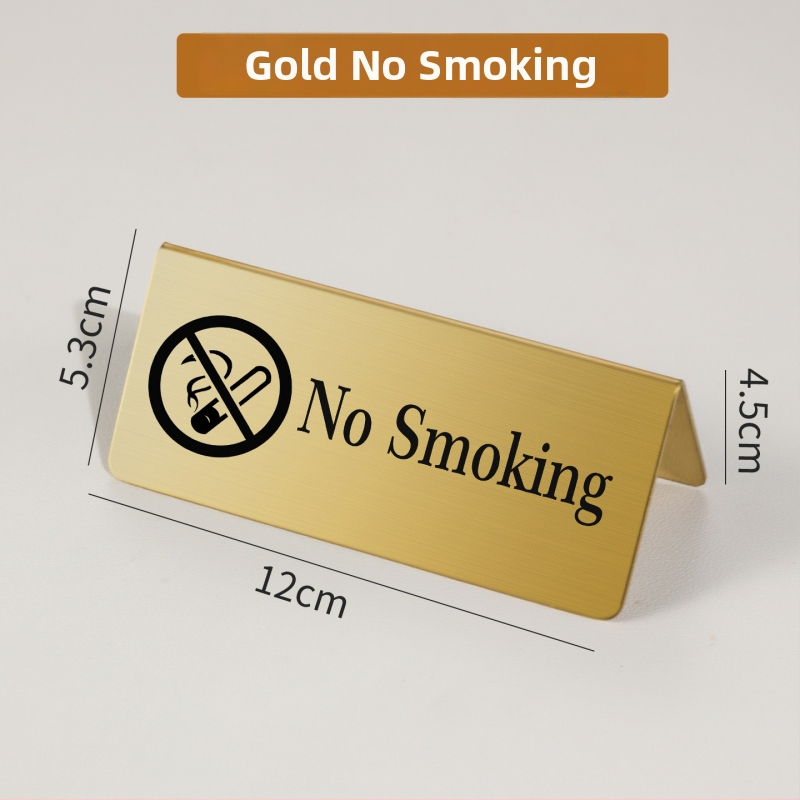 Nerezová oceľová tabuľka rezervovaného sedenia so zlatým vzhľadom, tabuľka čísla stola a dvojjazyčný znak No Smoking.