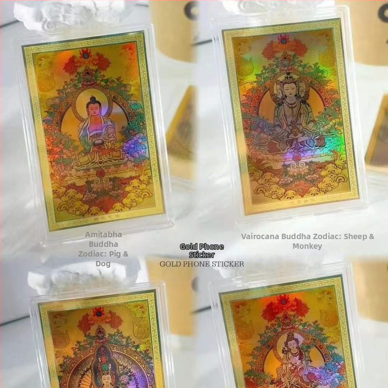 Čisté zlato 999 – Osem ochrancov Budhu, soška na telefón, farebná thangka, zlatá karta