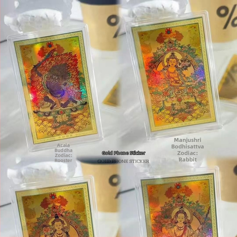 Čisté zlato 999 – Osem ochrancov Budhu, soška na telefón, farebná thangka, zlatá karta