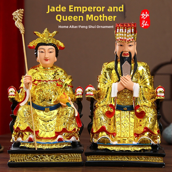 Zlatá pozlátená socha z živice Jade Emperor a Queen Mother