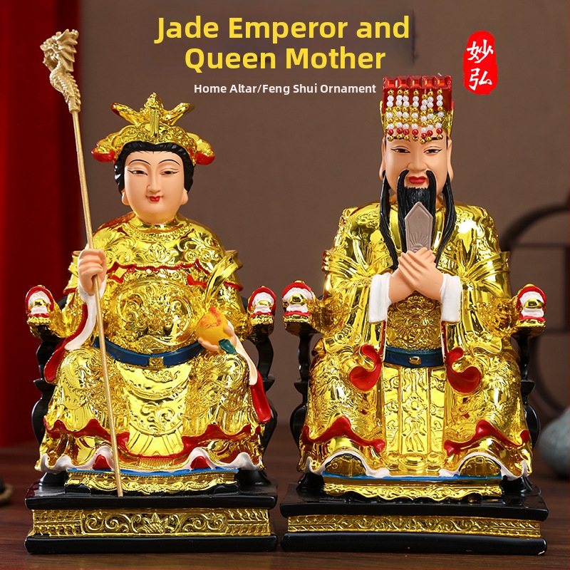 Zlatá pozlátená socha z živice Jade Emperor a Queen Mother