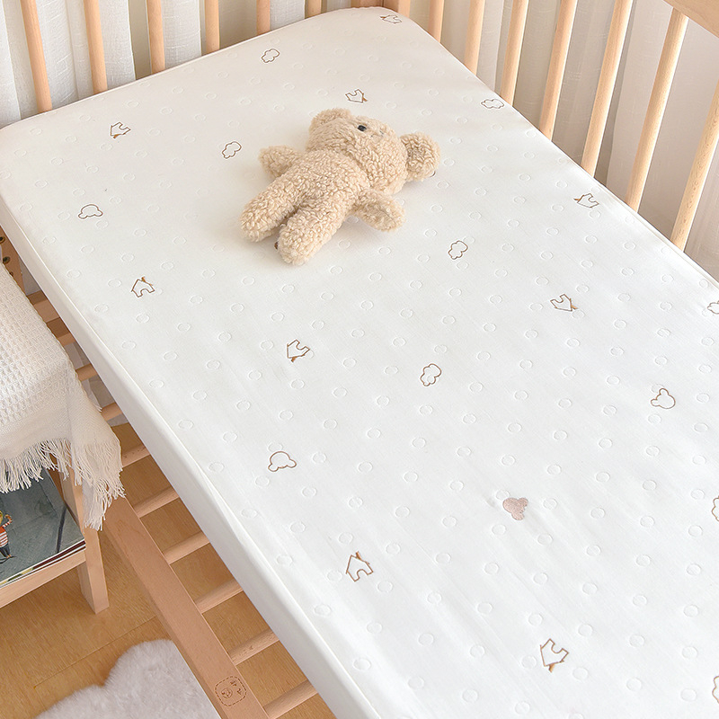 Cearșaf pentru pătuț din bumbac 100%, cu 6 straturi de muselină, broderie Jacquard, margine elastică