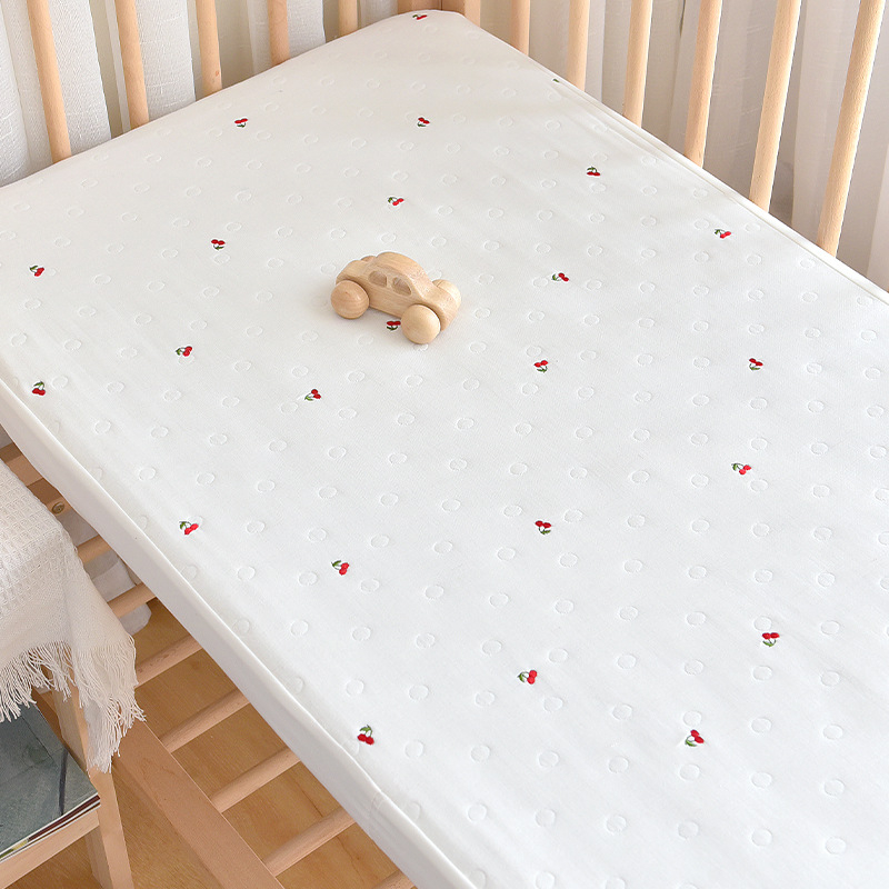 Cearșaf pentru pătuț din bumbac 100%, cu 6 straturi de muselină, broderie Jacquard, margine elastică