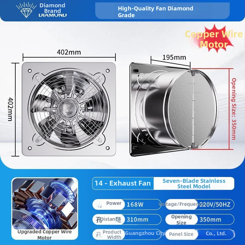 Diamond Brand Výkonný nerezový kuchynský výfukový ventilátor, tichá domáca priemyselná ventilácia