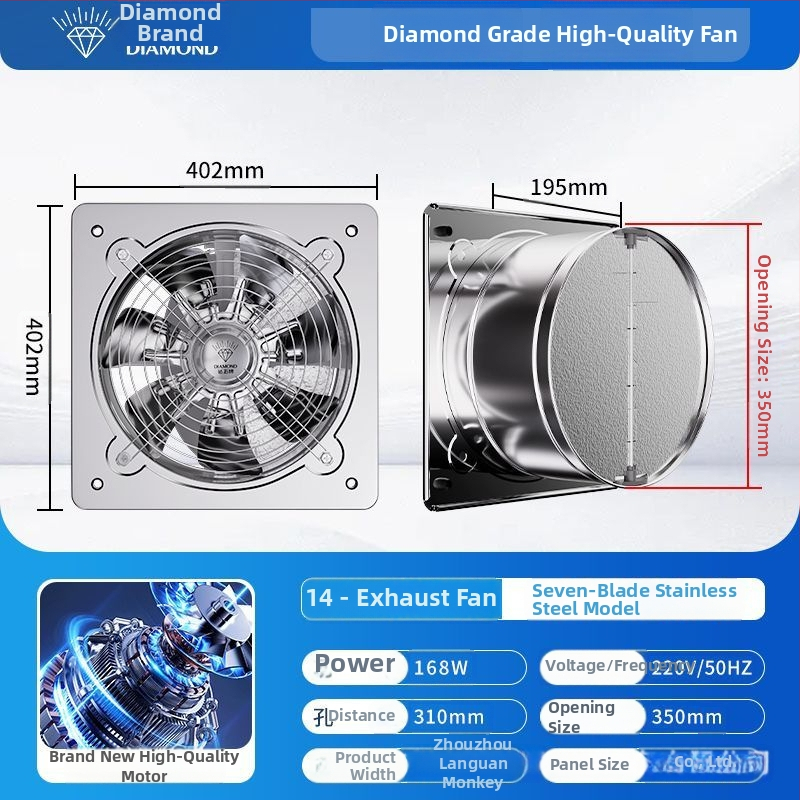 Diamond Brand Výkonný nerezový kuchynský výfukový ventilátor, tichá domáca priemyselná ventilácia