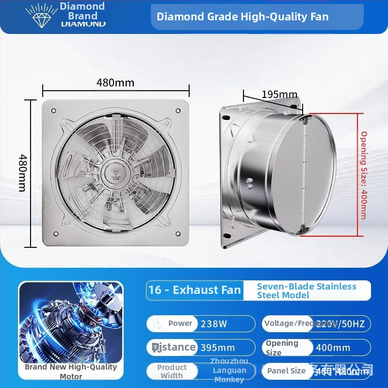 Diamond Brand Výkonný nerezový kuchynský výfukový ventilátor, tichá domáca priemyselná ventilácia