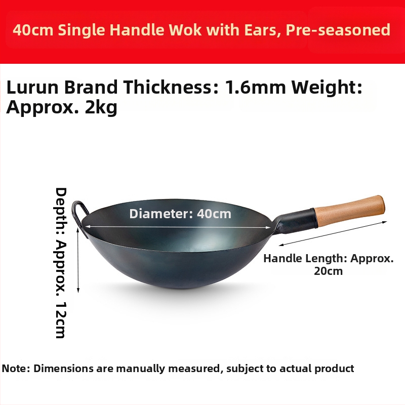 Lu Run liatinový wok bez povlaku, s hrubým dnom, veľkým okrúhlym dnom, určený pre komerčné kuchyne