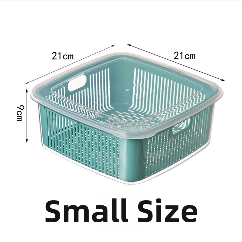 Dvojúrový kuchynský sitko na odtok s vekom pre umývanie ovocia a zeleniny, rozmery 25×25×11 cm, PET+PP