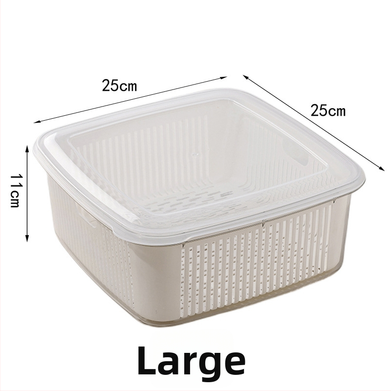 Dvojúrový kuchynský sitko na odtok s vekom pre umývanie ovocia a zeleniny, rozmery 25×25×11 cm, PET+PP