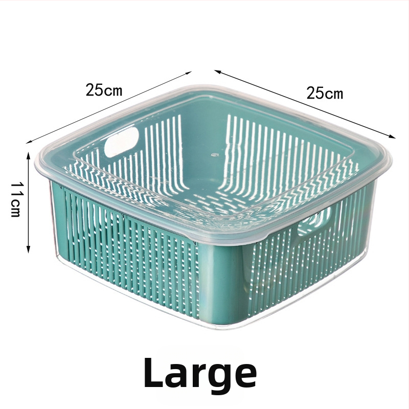 Dvojúrový kuchynský sitko na odtok s vekom pre umývanie ovocia a zeleniny, rozmery 25×25×11 cm, PET+PP