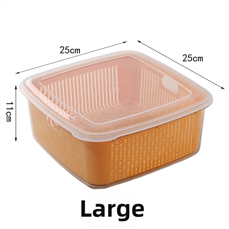 Dvojúrový kuchynský sitko na odtok s vekom pre umývanie ovocia a zeleniny, rozmery 25×25×11 cm, PET+PP