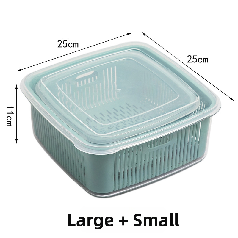 Dvojúrový kuchynský sitko na odtok s vekom pre umývanie ovocia a zeleniny, rozmery 25×25×11 cm, PET+PP