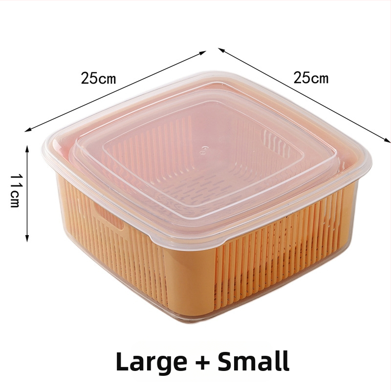 Dvojúrový kuchynský sitko na odtok s vekom pre umývanie ovocia a zeleniny, rozmery 25×25×11 cm, PET+PP