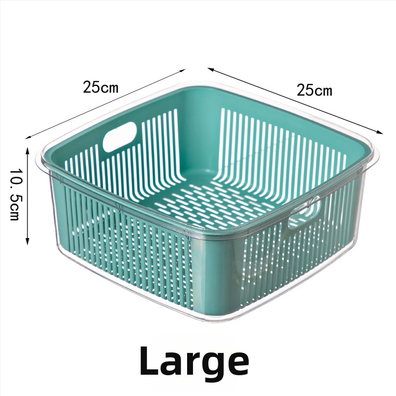 Dvojúrový kuchynský sitko na odtok s vekom pre umývanie ovocia a zeleniny, rozmery 25×25×11 cm, PET+PP