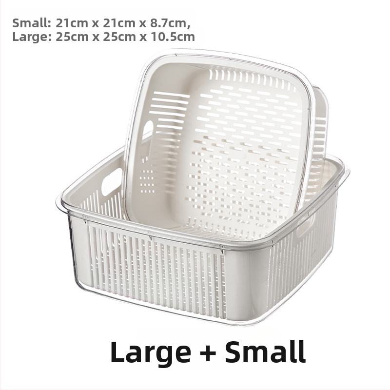 Dvojúrový kuchynský sitko na odtok s vekom pre umývanie ovocia a zeleniny, rozmery 25×25×11 cm, PET+PP