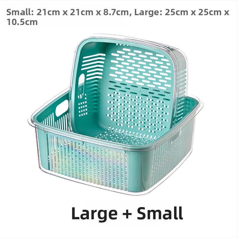 Dvojúrový kuchynský sitko na odtok s vekom pre umývanie ovocia a zeleniny, rozmery 25×25×11 cm, PET+PP