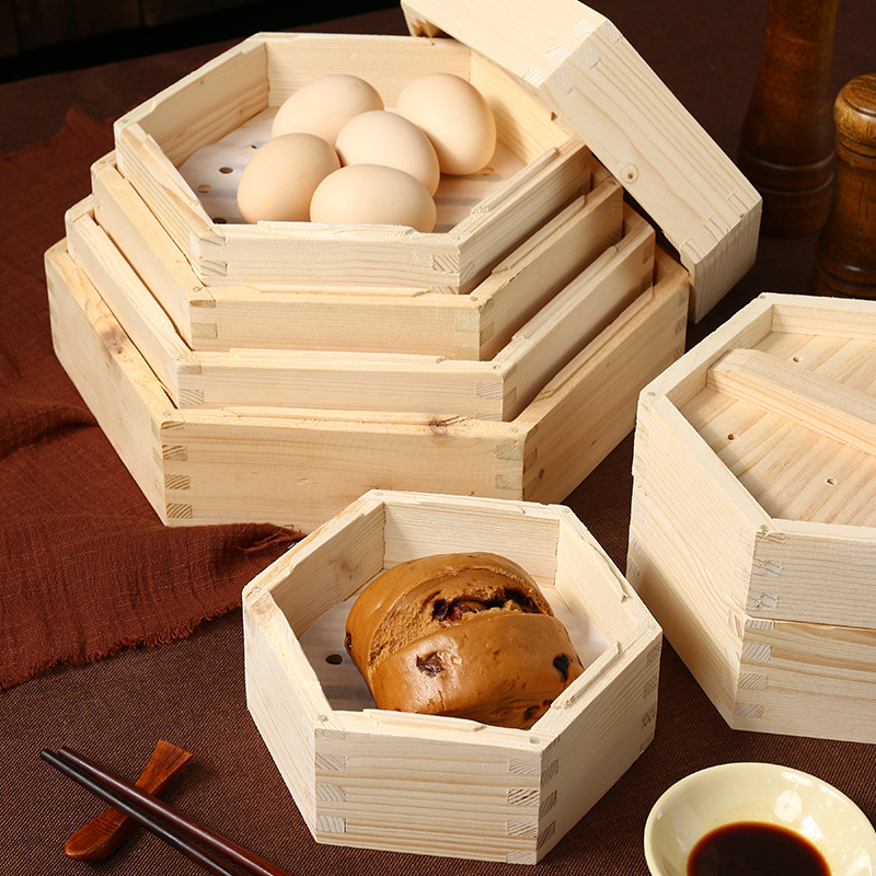 Drevený šesťuholníkový parný kôš na domáce použitie, vhodný pre dim sum a parné knedličky