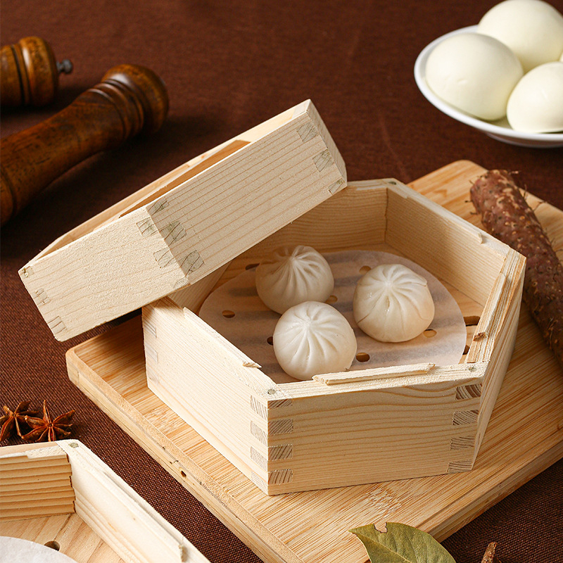 Drevený šesťuholníkový parný kôš na domáce použitie, vhodný pre dim sum a parné knedličky