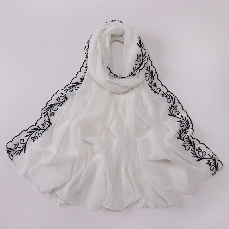 Gyöngyhímzett hosszú chiffon sál, női fejkendő