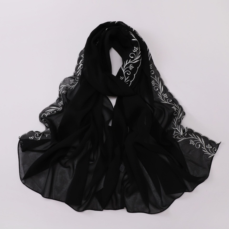 Gyöngyhímzett hosszú chiffon sál, női fejkendő