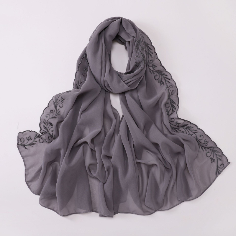 Gyöngyhímzett hosszú chiffon sál, női fejkendő