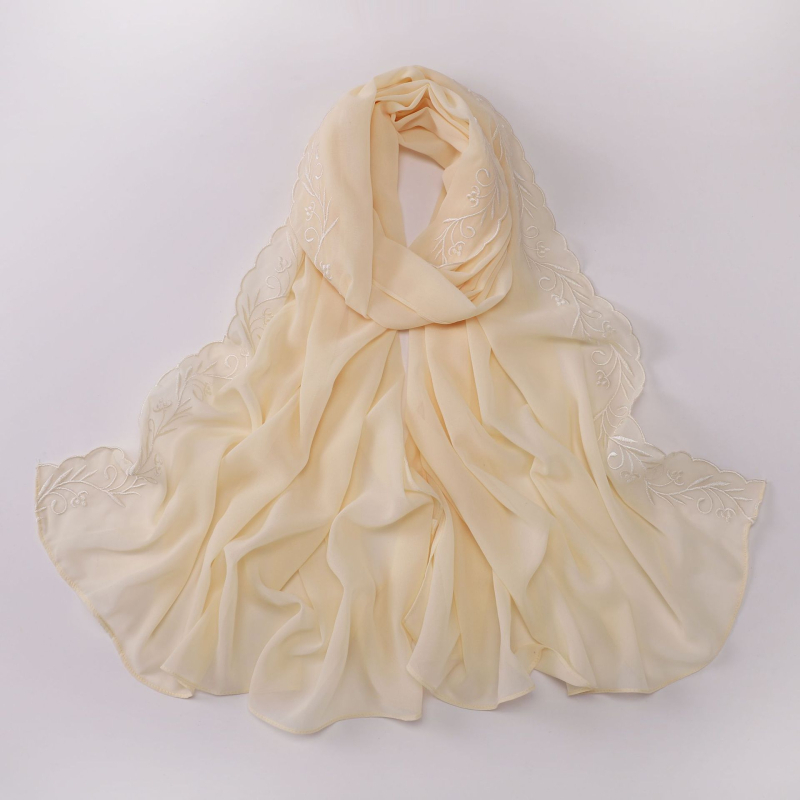 Gyöngyhímzett hosszú chiffon sál, női fejkendő
