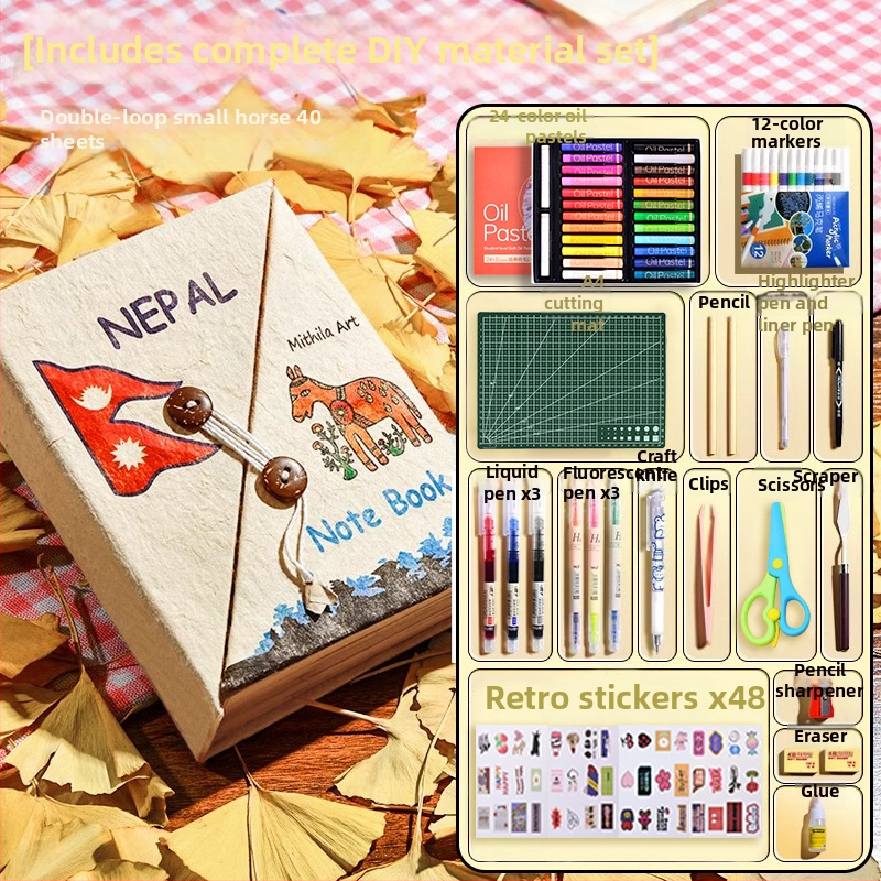 Nepálsky ručne vyrábaný DIY materiálový súbor a ručne maľovaná poznámková knižka pre dievčatá, retro kancelárske potreby