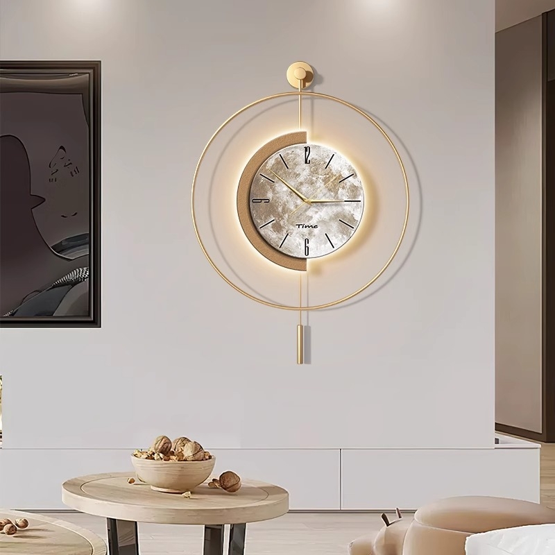 Minimalistické nástenné hodiny s mesačnou dekoráciou, štýl ľahkého luxusu, moderné quartz hodiny, na stenu