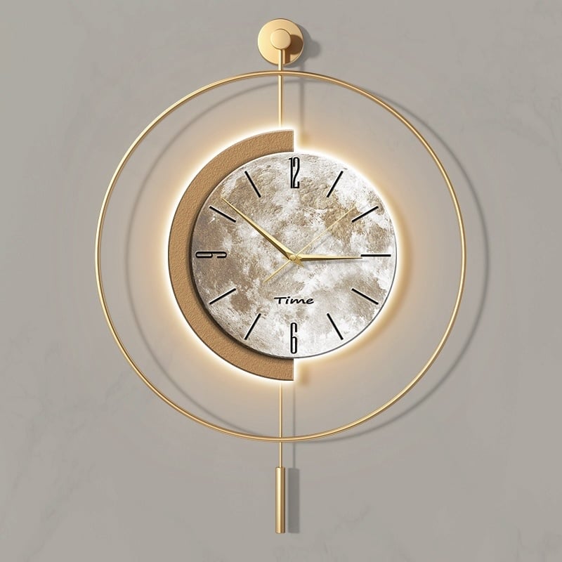 Minimalistické nástenné hodiny s mesačnou dekoráciou, štýl ľahkého luxusu, moderné quartz hodiny, na stenu