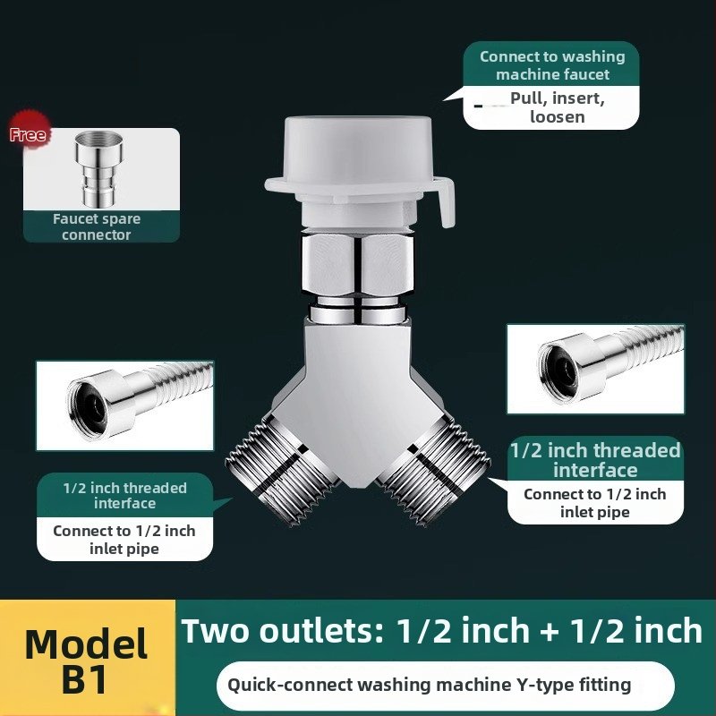 Trojcestný rozdeľovač vody pre práčku – vstup na dve výstupy, meďové telo, 20 mm vstup/výstup