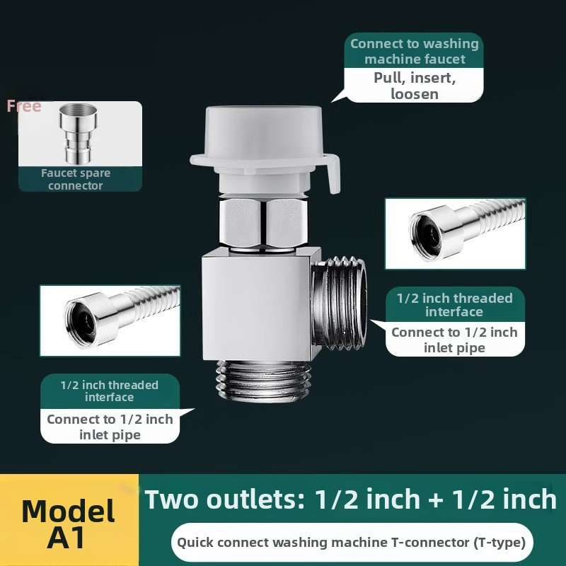 Trojcestný rozdeľovač vody pre práčku – vstup na dve výstupy, meďové telo, 20 mm vstup/výstup