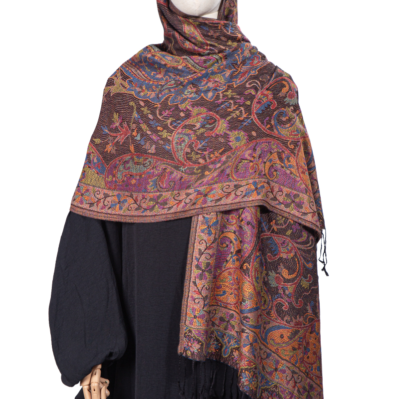 Női téli etno-stílusú jacquard sál bojtos díszítéssel, kétoldalas utazásokhoz, pashmina imitációs kasmír