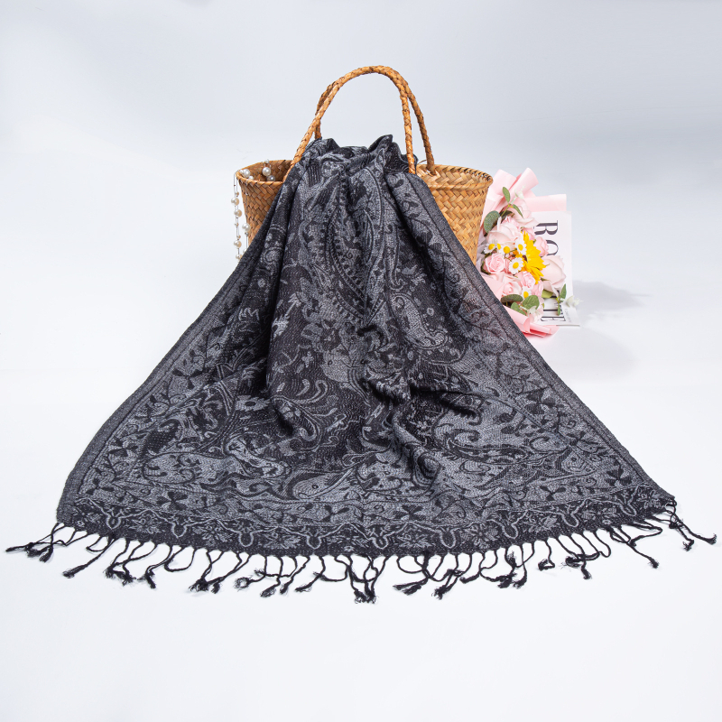 Női téli etno-stílusú jacquard sál bojtos díszítéssel, kétoldalas utazásokhoz, pashmina imitációs kasmír