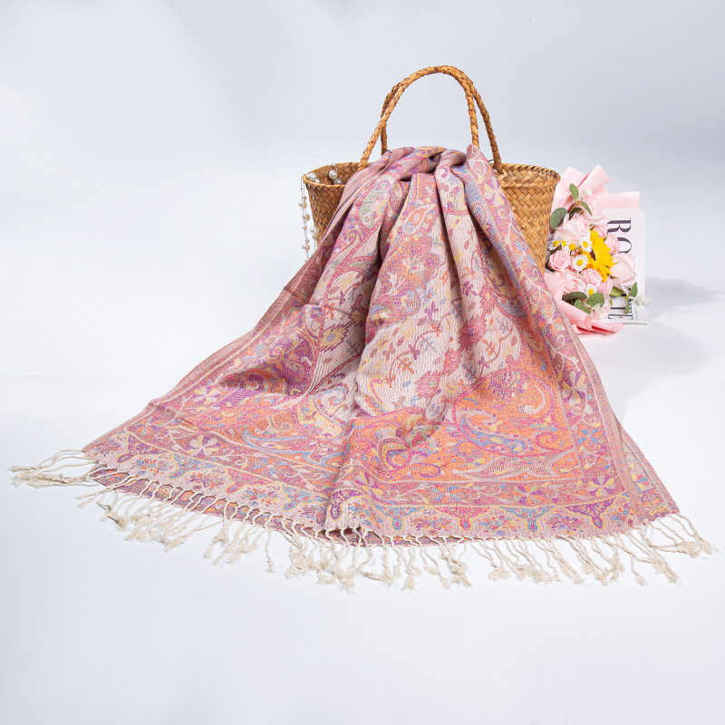 Női téli etno-stílusú jacquard sál bojtos díszítéssel, kétoldalas utazásokhoz, pashmina imitációs kasmír
