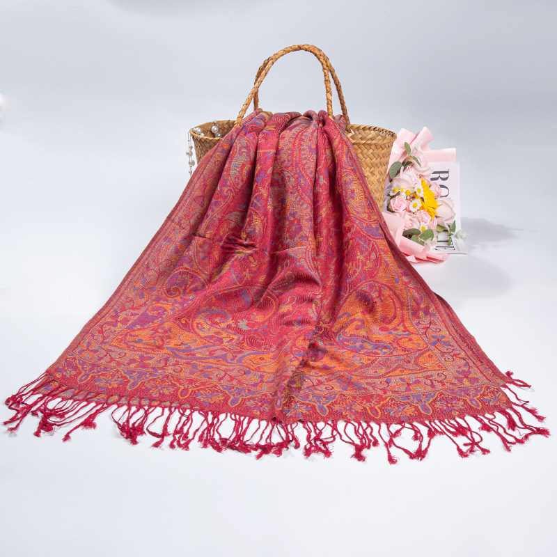 Női téli etno-stílusú jacquard sál bojtos díszítéssel, kétoldalas utazásokhoz, pashmina imitációs kasmír
