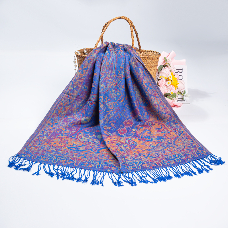 Női téli etno-stílusú jacquard sál bojtos díszítéssel, kétoldalas utazásokhoz, pashmina imitációs kasmír