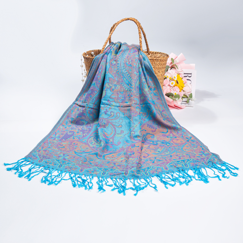 Női téli etno-stílusú jacquard sál bojtos díszítéssel, kétoldalas utazásokhoz, pashmina imitációs kasmír