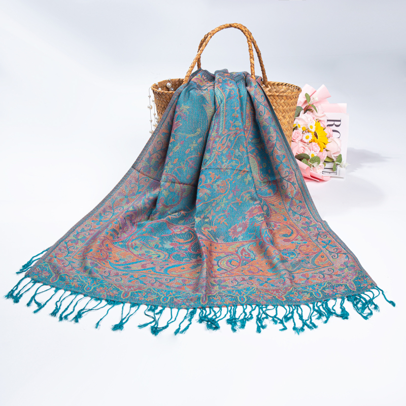 Női téli etno-stílusú jacquard sál bojtos díszítéssel, kétoldalas utazásokhoz, pashmina imitációs kasmír