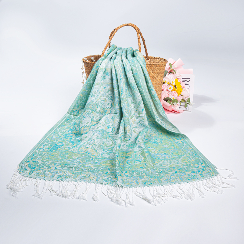 Női téli etno-stílusú jacquard sál bojtos díszítéssel, kétoldalas utazásokhoz, pashmina imitációs kasmír