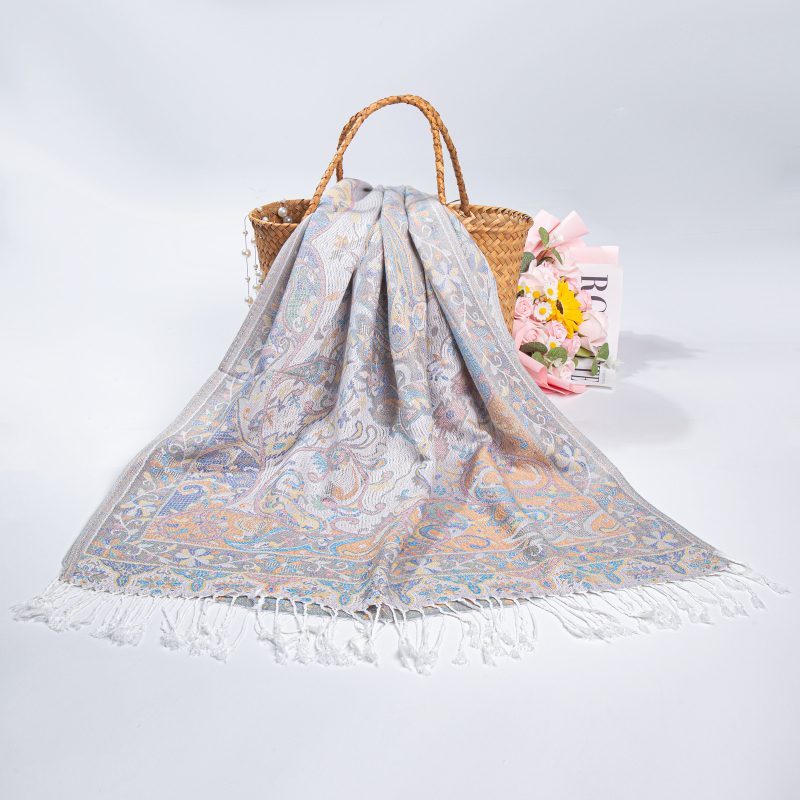 Női téli etno-stílusú jacquard sál bojtos díszítéssel, kétoldalas utazásokhoz, pashmina imitációs kasmír