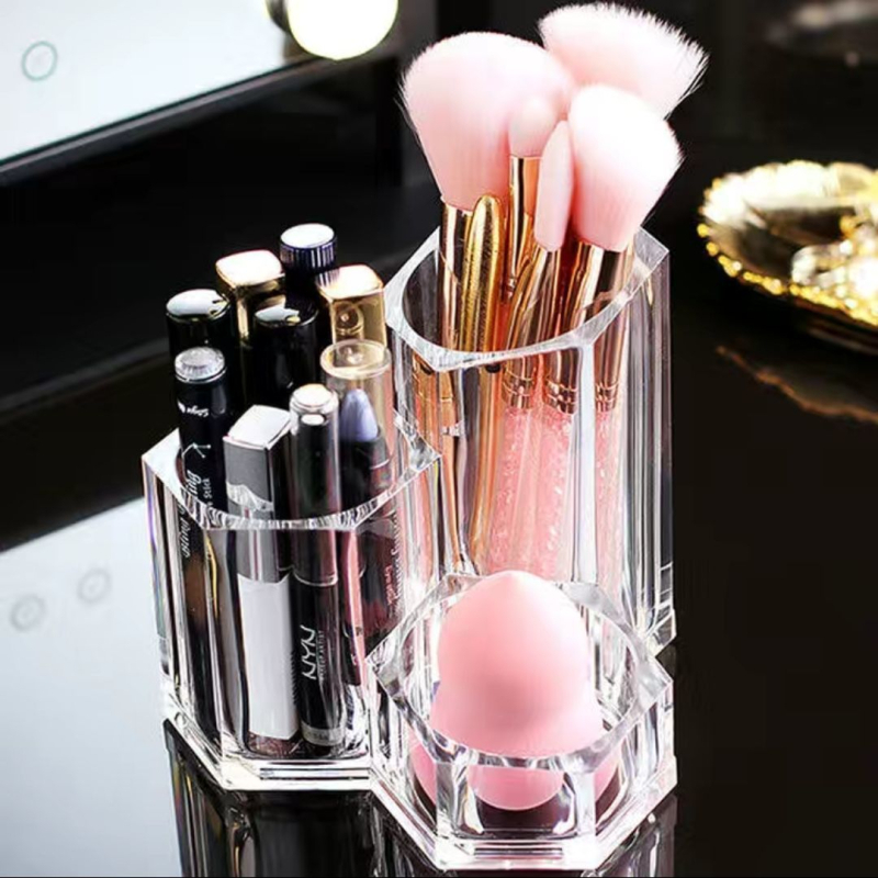 Akrylový stolný organizér na štetce a ceruzky na make-up – priehľadný viacfunkčný úložný valec