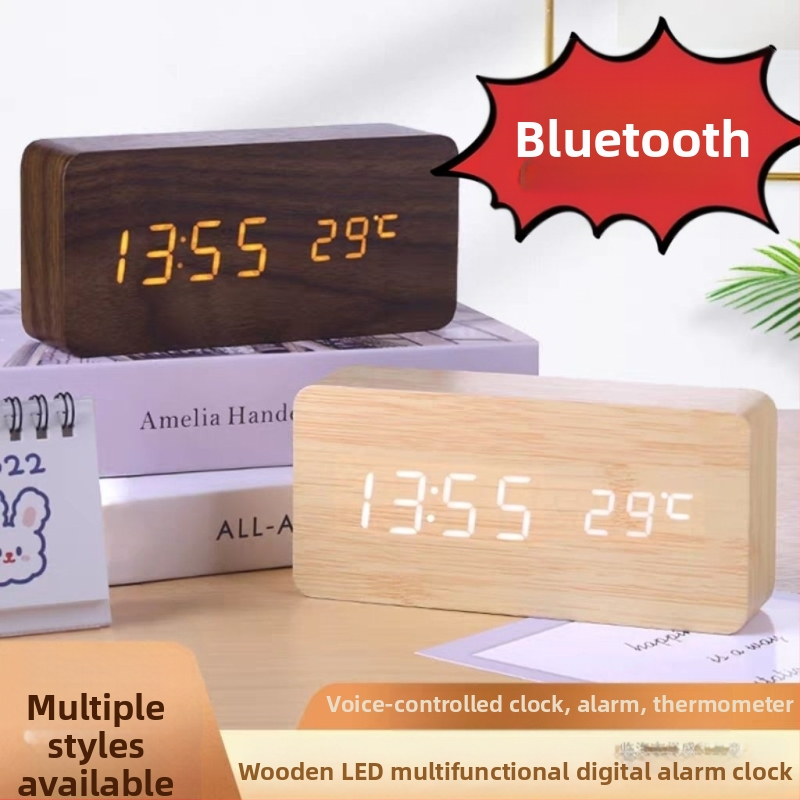 Drevené stolné hodiny s Bluetoothom, zobrazenie teploty, LED nočné svetlo s ovládaním hlasom, viacúčelové minimalistické stolné hodiny